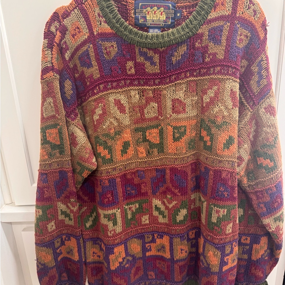 Vintage Ralph Lauren patchwork Crewneck Sweater Handknit 90’s - Picture 3 of 5